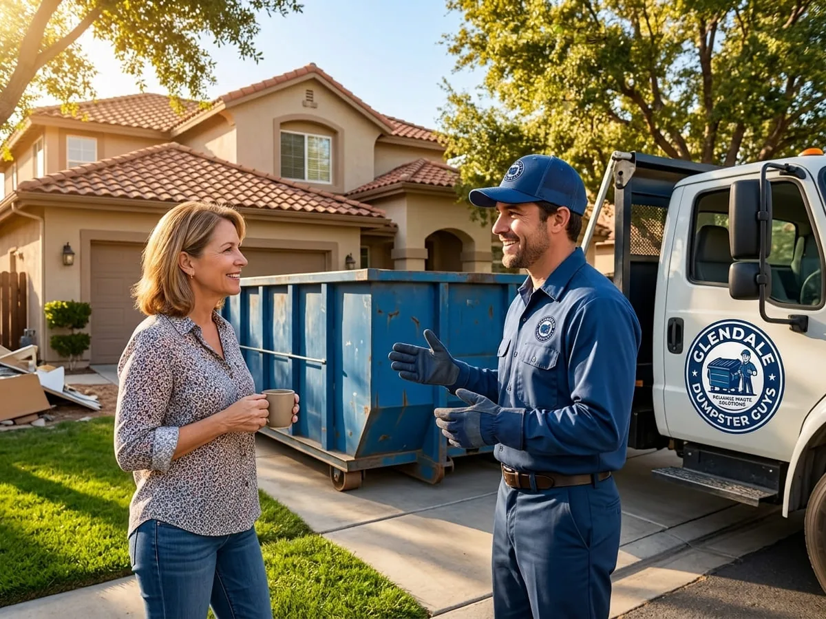 Speaking with a Glendale Dumpster Guys driver beside a roll-off container