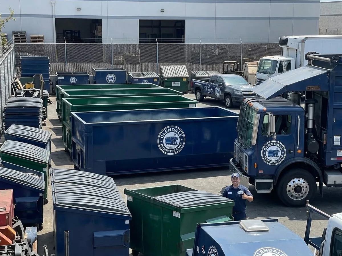 Glendale Dumpster Guys roll-off truck delivering a container in Glendale, CA